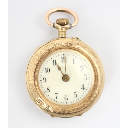 198 - A yellow metal ladies fob watch, the circular white enamel dial with Arabic numerals, set to a flora... 