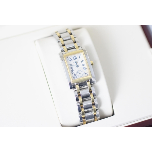 204 - A Longines Dolce Vita wristwatch, the rectangular face engine turned face with Roman numerals and su... 