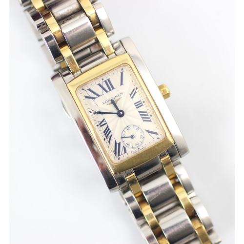 204 - A Longines Dolce Vita wristwatch, the rectangular face engine turned face with Roman numerals and su... 