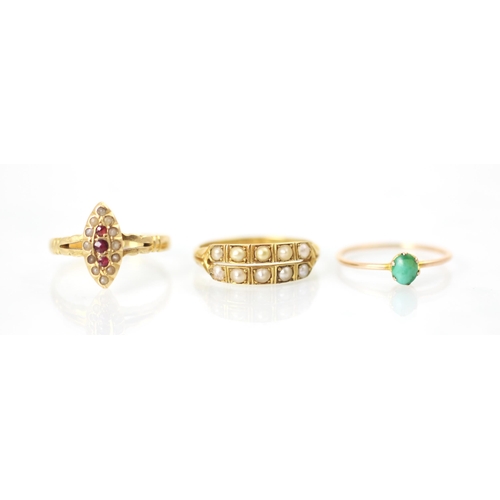 208 - A selection of three rings, including an 18ct yellow gold split pearl example, the double row of pea... 