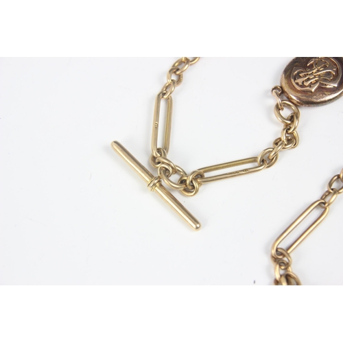 254 - A yellow metal albert chain, the elongated oval links interspersed with four circular links, stamped... 