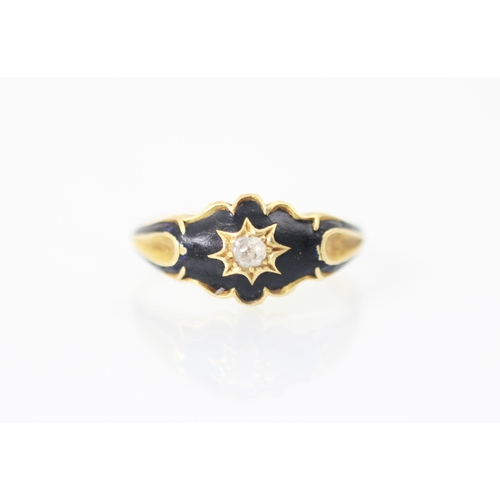 278 - A 19th century diamond set ring, the old cut diamond set within black enamel set head, leading to gr... 