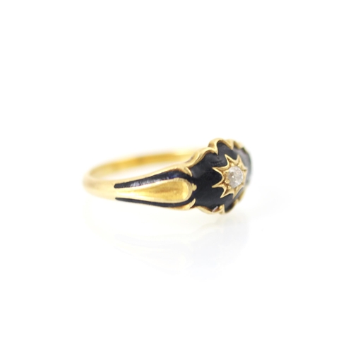 278 - A 19th century diamond set ring, the old cut diamond set within black enamel set head, leading to gr... 