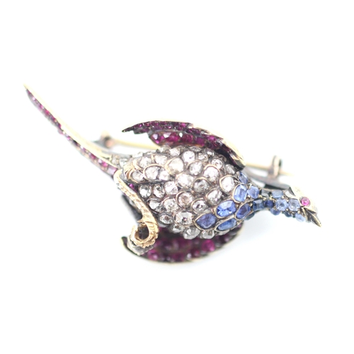 280 - A 19th/early 20th century diamond, sapphire and ruby pheasant brooch, designed mid flight with tail ... 