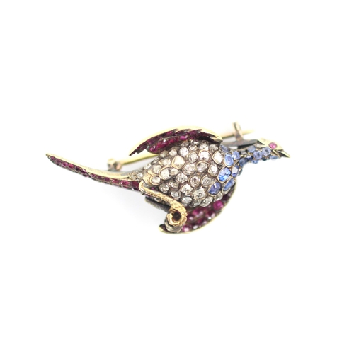 280 - A 19th/early 20th century diamond, sapphire and ruby pheasant brooch, designed mid flight with tail ... 