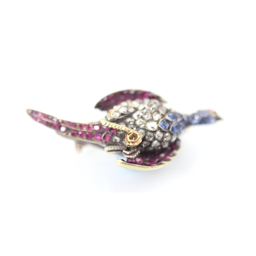 280 - A 19th/early 20th century diamond, sapphire and ruby pheasant brooch, designed mid flight with tail ... 