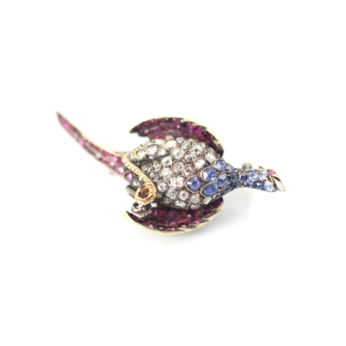 280 - A 19th/early 20th century diamond, sapphire and ruby pheasant brooch, designed mid flight with tail ... 