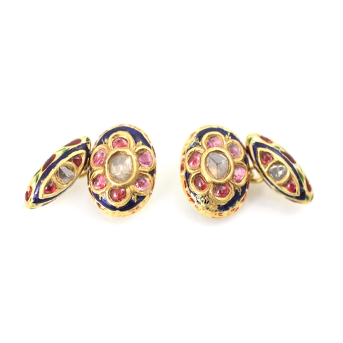 281 - A pair of enamel and diamond cufflinks, possibly Indian, the oval links with central rose cut diamon... 