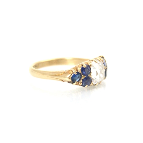 283 - An early 20th century 18ct yellow gold diamond and sapphire ring, the central square old cut diamond... 