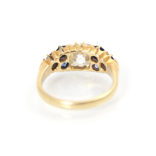 283 - An early 20th century 18ct yellow gold diamond and sapphire ring, the central square old cut diamond... 