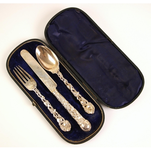 29 - A Victorian silver christening set, Chawner and Co, London 1863, comprising knife, fork and spoon, t... 