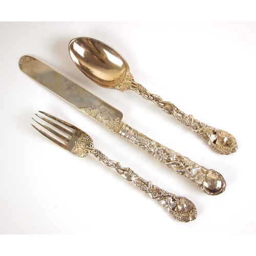 29 - A Victorian silver christening set, Chawner and Co, London 1863, comprising knife, fork and spoon, t... 