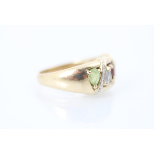 306 - A 9ct yellow gold dress ring, the ring set with peridot, aquamarine, garnet and citrine with two lin... 