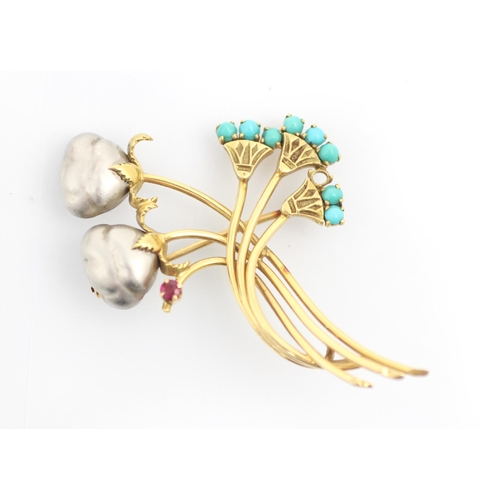 342 - A yellow metal stylised spray brooch, the flower head designed as baroque grey 'pearls' above singul... 