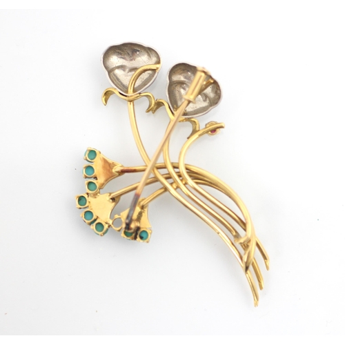 342 - A yellow metal stylised spray brooch, the flower head designed as baroque grey 'pearls' above singul... 