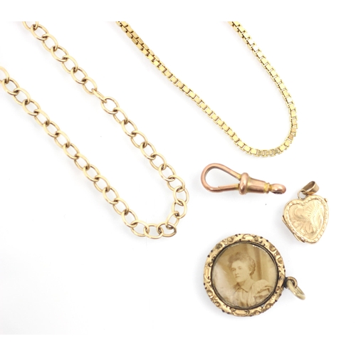 350 - A selection of jewellery, including a gold plated box link chain with bolt ring fastening, 50cm long... 