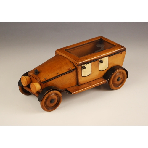 374 - An early 20th century sycamore novelty table humidor or cigarette box, modelled as a motor car, desi... 