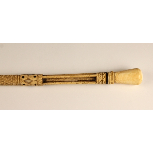 394 - A carved whalebone scrimshaw walking cane, mid 19th century, of gently curved tapering form, the pol... 