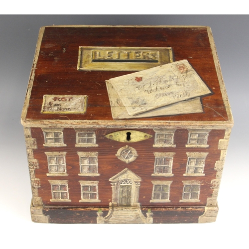 396 - A scumbled pine box, with sloping hinged cover and brass navette shaped escutcheon (lacking lock), l... 