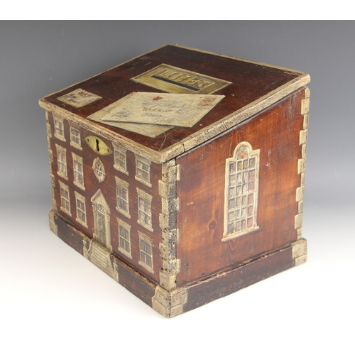 396 - A scumbled pine box, with sloping hinged cover and brass navette shaped escutcheon (lacking lock), l... 