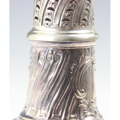 42 - A Victorian silver sugar sifter, Thomas Bradbury & Sons, London 1892, the flame finial upon pierced ... 