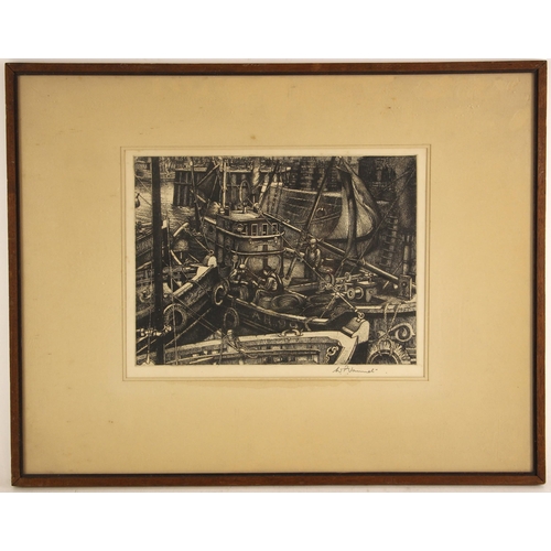 465 - William P. Vannet (Scottish, 1917-1984),  
'Mending Nets, Arbroath',  
Etching on paper,  
Signed in... 