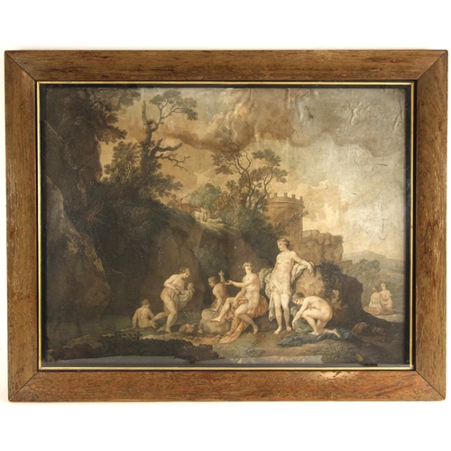 472 - English school (19th century),  
A classical scene with maidens bathing at a river overlooked by a c... 