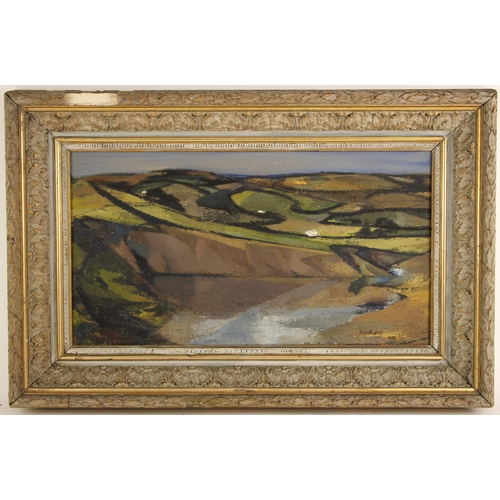 510 - Scottish school (20th century),  
Landscape with snaking river,  
Oil on board,  
Signed 'Mckay' low... 