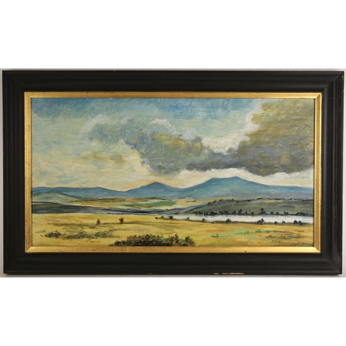 511 - Scottish school (late 20th century),  
A river landscape with mountains beyond,  
Oil on canvas,  
S... 