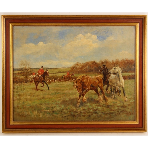 529 - Thomas Ivester Lloyd (British 1871-1942),  
Skittish colts in a field with a hunt beyond,  
Oil on c... 