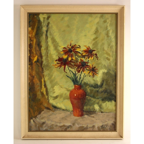 541 - David Wilson (British, 1919-2013),  
Still life with rudbeckia,  
Oil on canvas,  
Signed lower righ... 