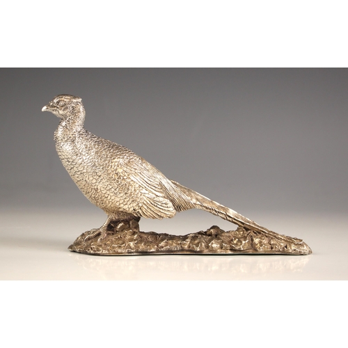 58 - A silver model of a pheasant, modelled on a naturalistic ground, stamped 'Geenty' in the cast, hallm... 