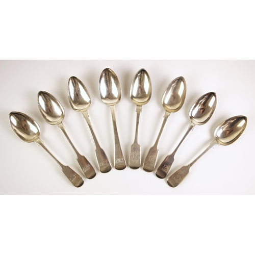 69 - A set of seven Victorian silver Old English fiddle pattern serving spoons, Edwin Sweet, Exeter 1856,... 