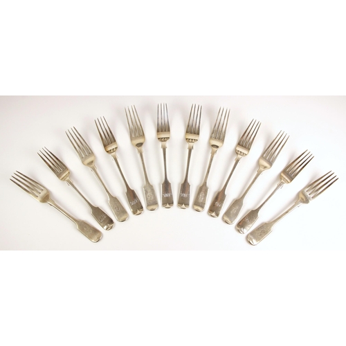 72 - A set of five Victorian silver Old English fiddle pattern table forks, Samuel Hayne and Dudley Cater... 