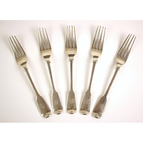 73 - A set of five Victorian silver Old English fiddle pattern dessert forks, Joseph and Albert Savory, L... 