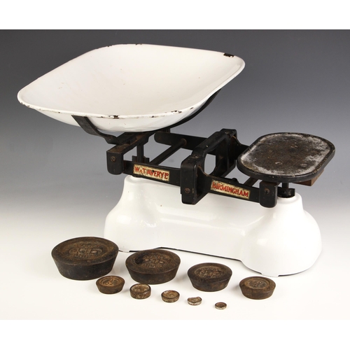 739 - A set of counter-top scales by W & T Avery Ltd of Birmingham, 20th century, with enamel dish, and se... 