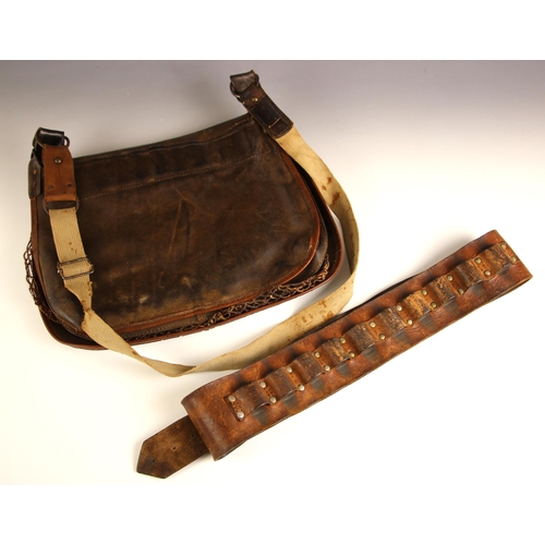 745 - A French leather shooting bag, 20th century, with adjustable shoulder strap, a knotted twine compart... 