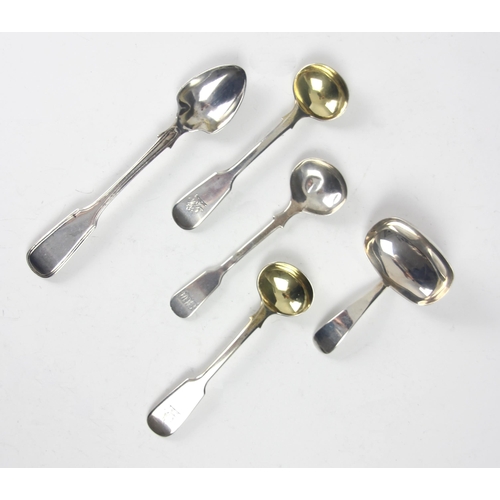 135 - A pair of Victorian silver fiddle pattern wet mustard spoons, A G Whighton, Edinburgh 1843, with gil... 