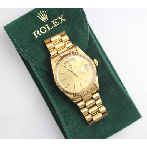 189 - A gentleman's 18ct gold Rolex Oyster Perpetual Day-Date wristwatch, the round gold-toned dial with b... 