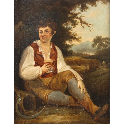 507 - English school (19th century),  
Portrait of a farm labourer with beer and sickle,  
Oil on panel,  ... 