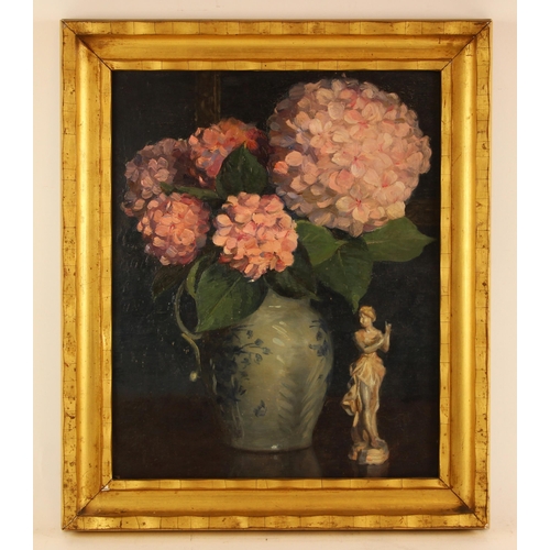 544 - English school (20th century),  
Still life with jug, hydrangea and figurine,  
Oil on board,  
Unsi... 