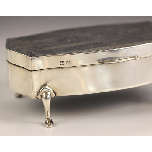 6 - A George V silver jewellery box, Charles S Green and Co Ltd, Birmingham 1927, the shaped florally en... 