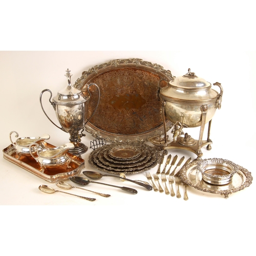 164 - A large selection of silver plate, including a pair of silver-plated Elkington and Co sauce boats, t... 