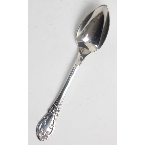 78 - A set of sixteen 19th century French silver teaspoons, the scrolling decorated spoon with initial to... 