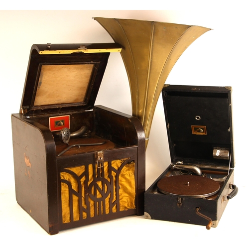 740 - A His Master's Voice (HMV) wind-up gramophone, of typical form with chrome fittings, within wooden c... 