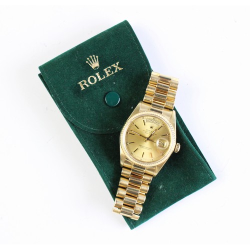 189 - A gentleman's 18ct gold Rolex Oyster Perpetual Day-Date wristwatch, the round gold-toned dial with b... 