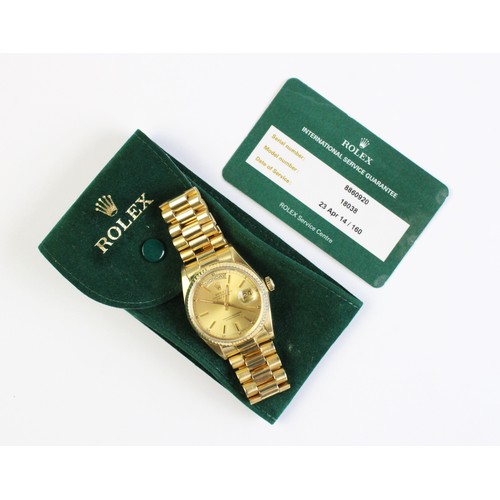 189 - A gentleman's 18ct gold Rolex Oyster Perpetual Day-Date wristwatch, the round gold-toned dial with b... 