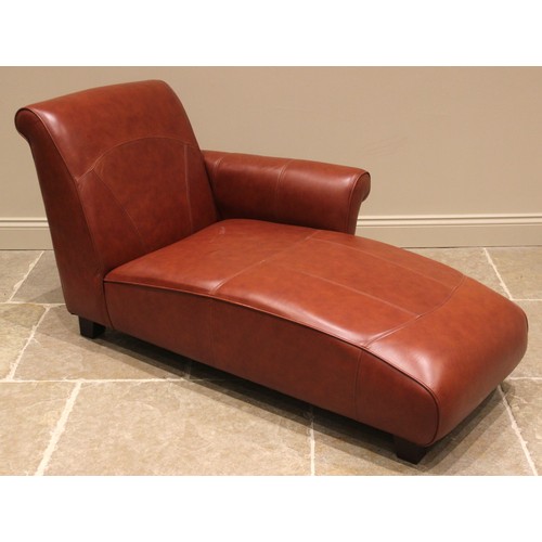 1064 - A contemporary brown leather chaise lounge, early 21st century, of down swept form, upon block feet,... 