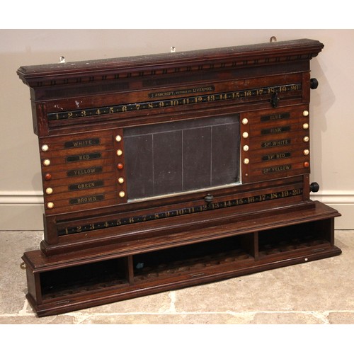 738 - A walnut snooker/billiard scoreboard, by J.Ashcroft, Liverpool, late 19th/early 20th century, the ce... 