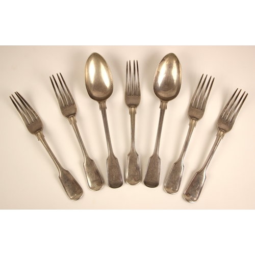 13 - A set of five Victorian silver fiddle and thread pattern table forks, Josiah Williams & Co, Exeter 1... 